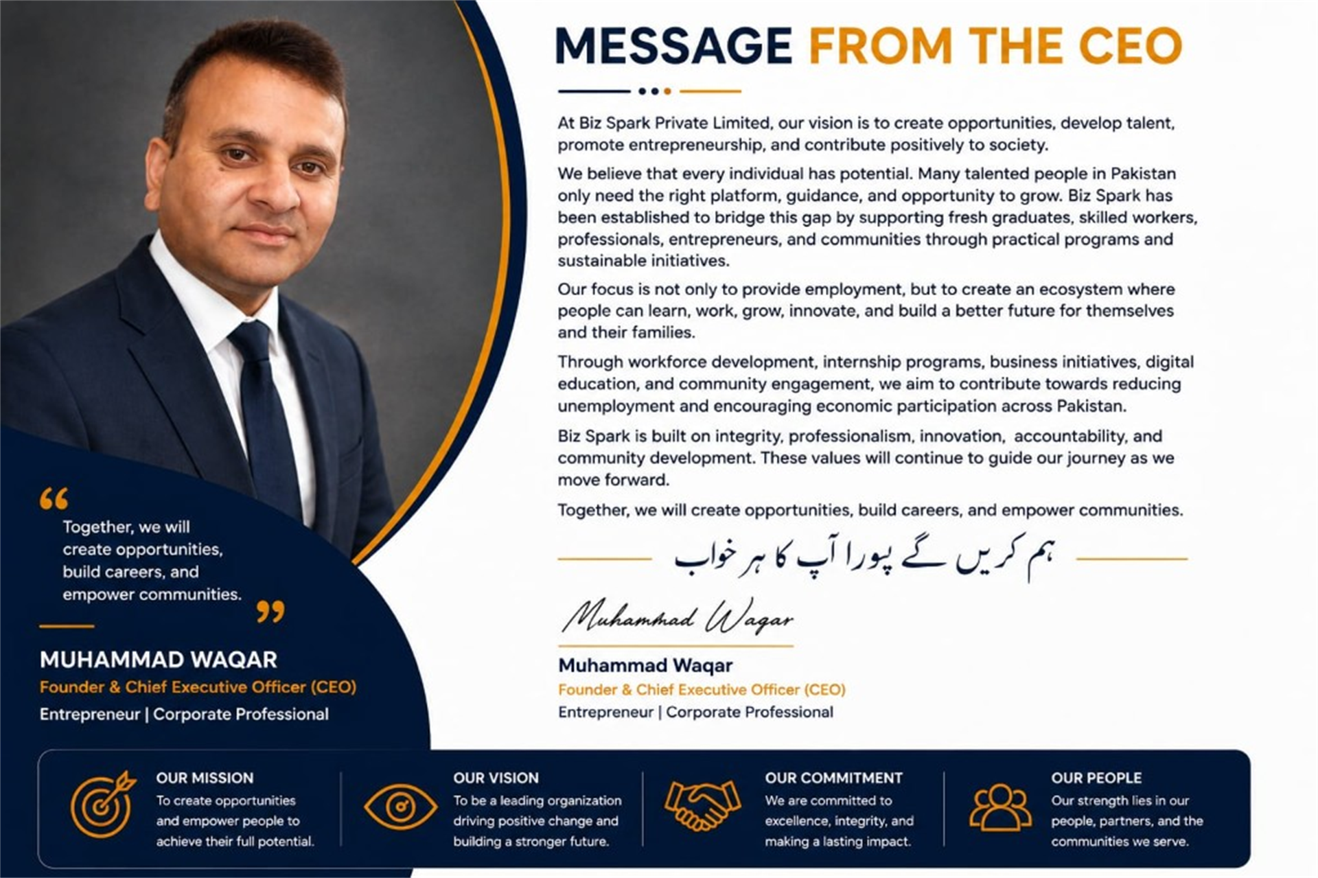 Message from Muhammad Waqar, Founder and CEO of Biz Spark Private Limited