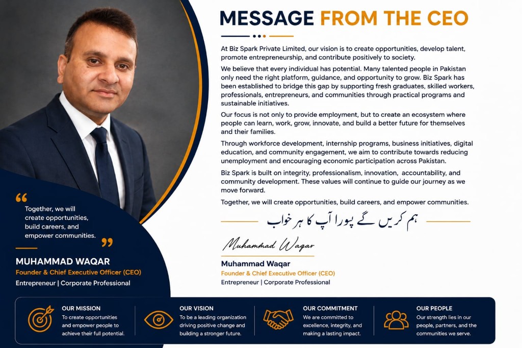 Message from Muhammad Waqar, Founder and CEO of Biz Spark Private Limited
